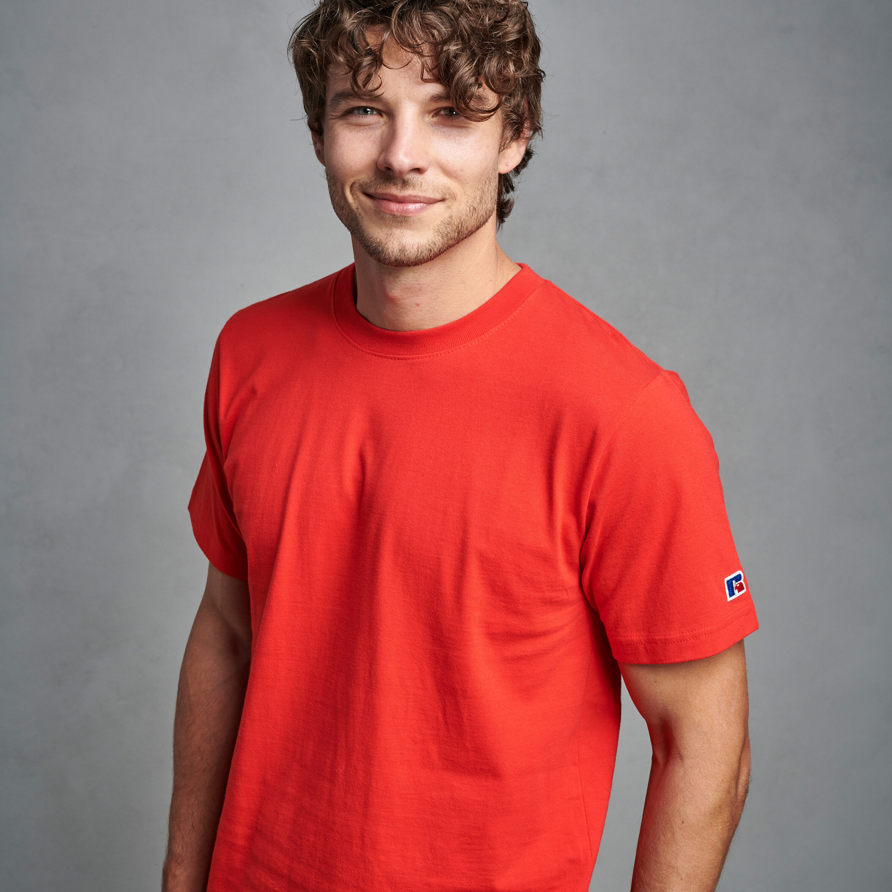 man in red t shirt