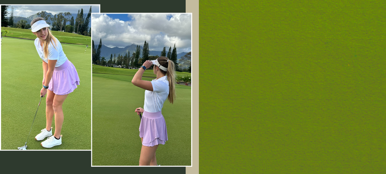 Female model wearing white polo and purple skirt, wearing white visor on the golf course Female model wearing white polo and purple skirt, wearing white visor on the golf course