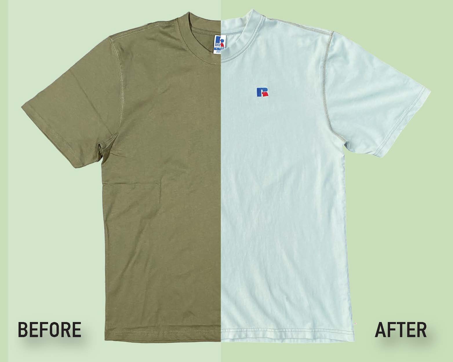 Before and after picture of a garment dyed tshirt.