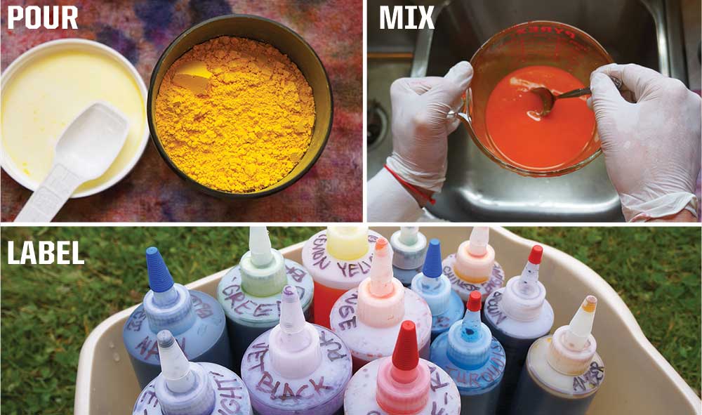 Picture of tie dye being made by pouring, mixing, and labeling the containers.