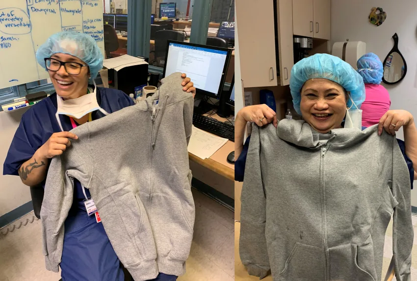 Nurses in Russell Ahtletic sweatshirts.