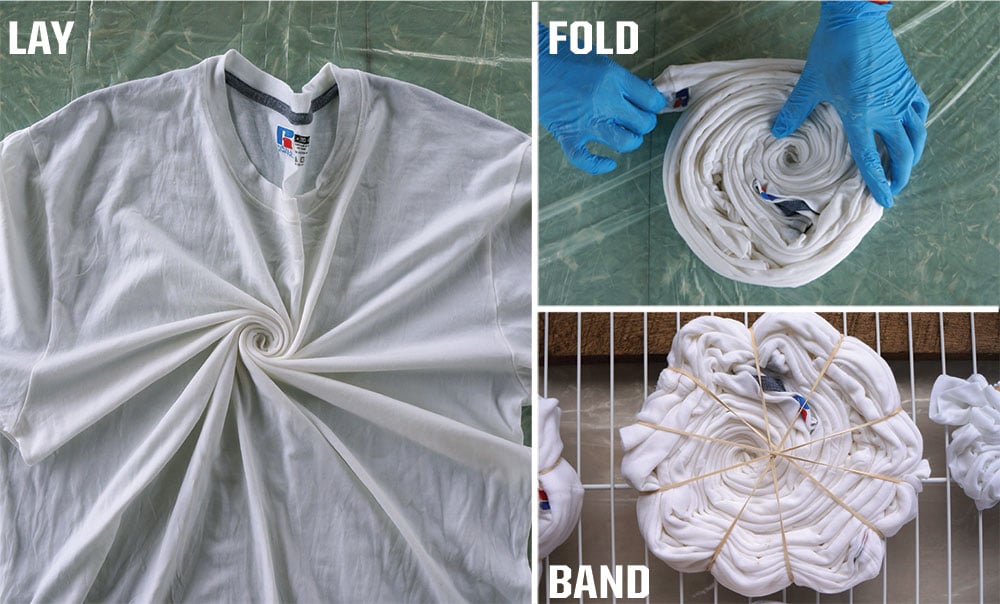 Pictures of a tshirt being laid down, folded into a circle and held together with rubber bands.